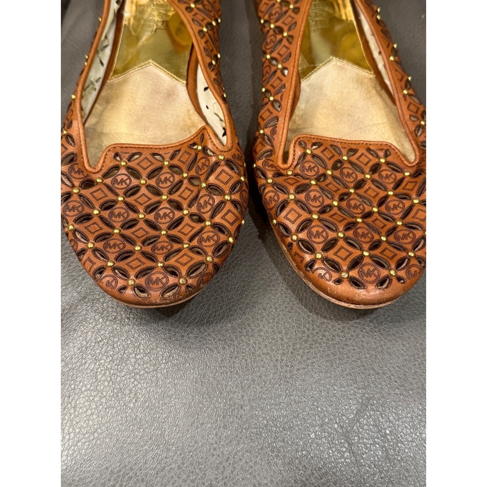 Michael Michael Kors Brown Leather Laser Cut Studded Loafers‎ Flats Brown Gold